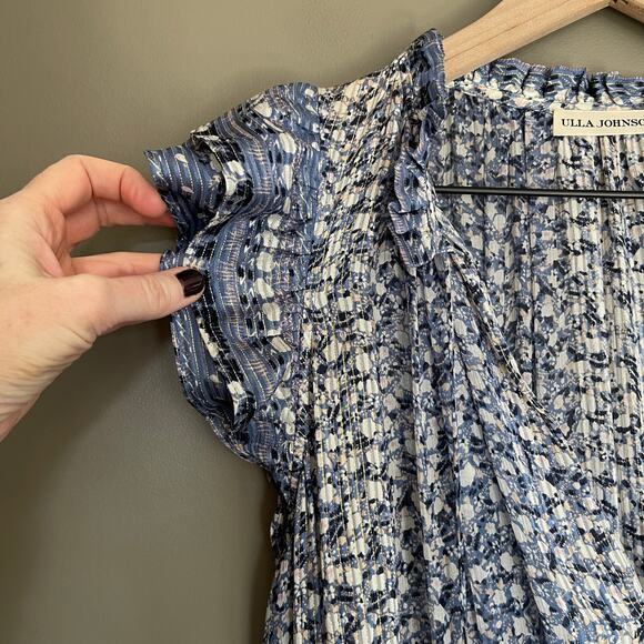 Ulla Johnson Nyssa Dress Sky Blue Silk Size 2 Ruffles Metallic Smocked Chic Boho - Picture 11 of 16